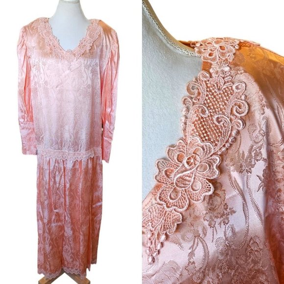 80s Does 30s Plus Size Tall 1X‎ 2X Peach Pink Satin Dropwaist Floral Maxi Dress - Picture 1 of 14